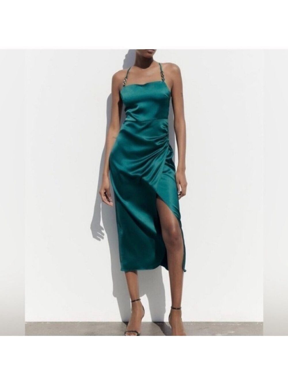 Zara Satin Slip Style Wrap Dress with Gold Chain Detailing on Straps
